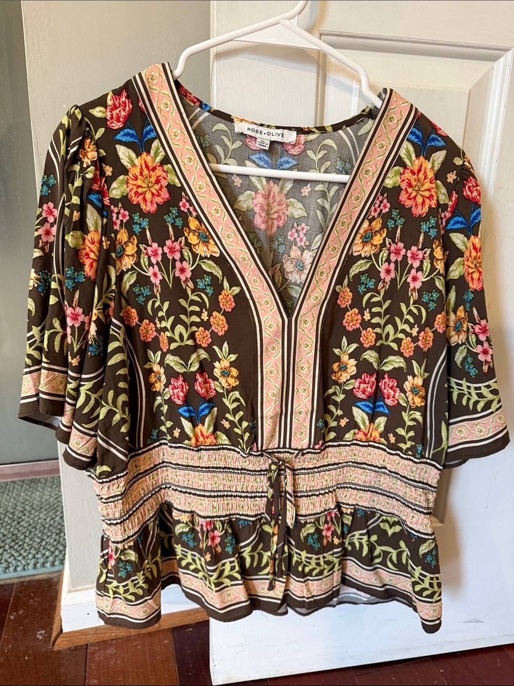 Rose & Olive Brown Floral Peplum Blouse with Pink Trim